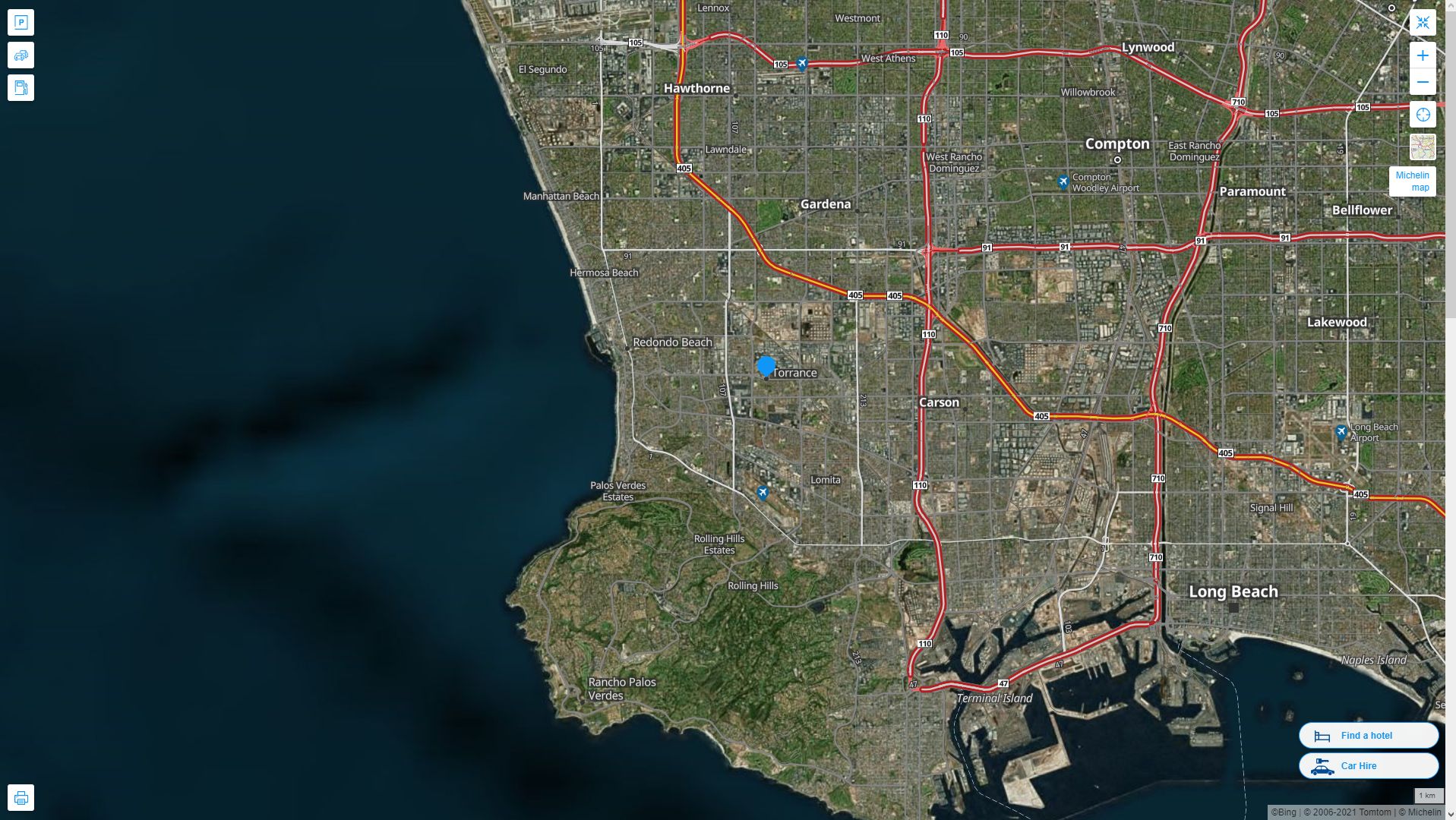 Torrance California Highway and Road Map with Satellite View